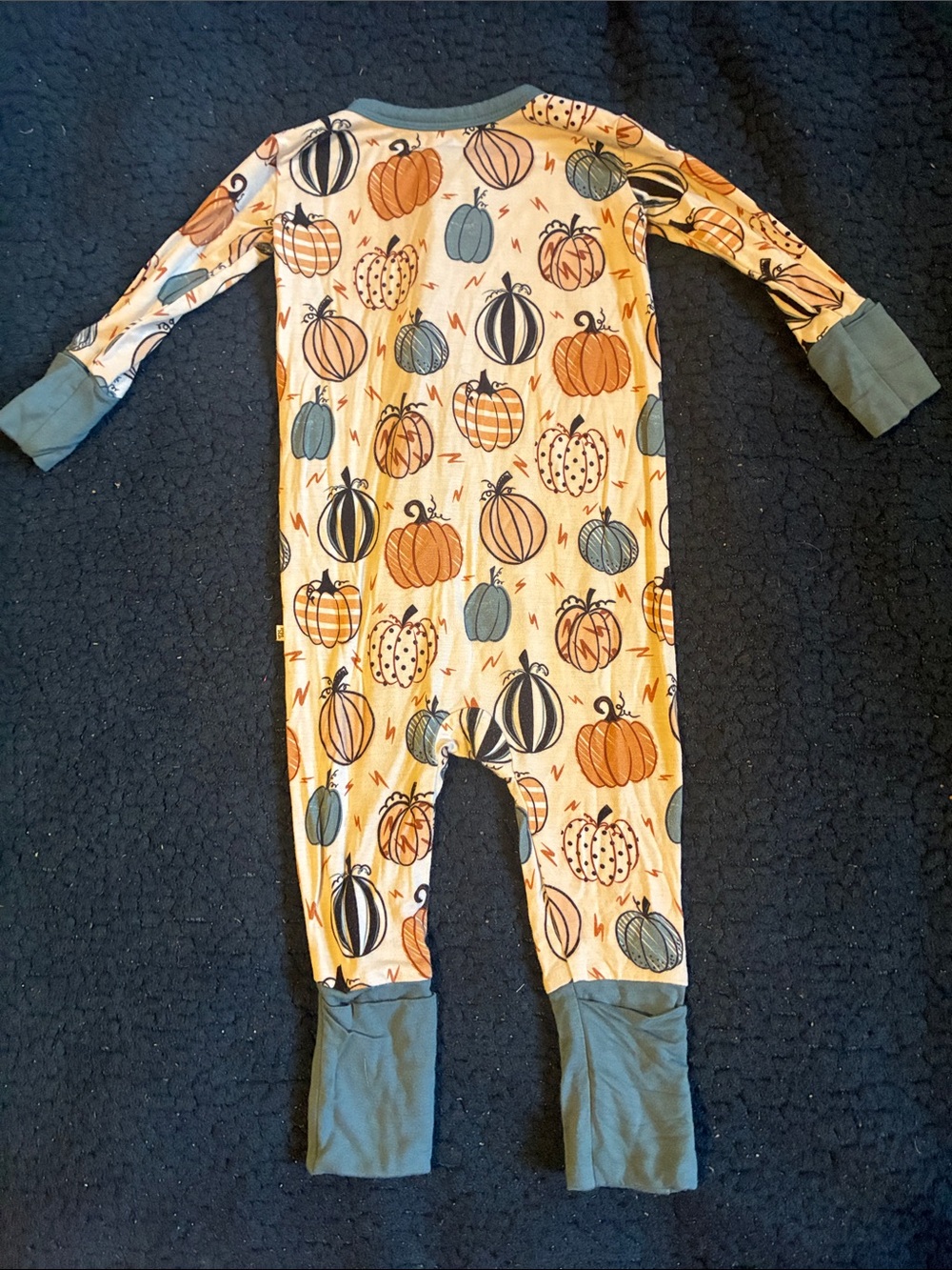 Birdie bean Kids Pumpkin-Print One-Piece Pajamas in Cream & Teal - Picture 2 of 3